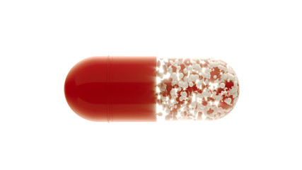 Pill capsules icon medical illustration. 3d rendering Pills isolated on white. Pharmacy icon capsule illustration. Medical capsule with granules. Cure for the virus. Capsule with vitamins and minerals