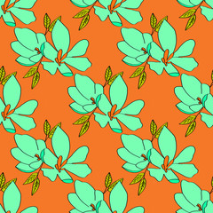 Seamless background of lily flowers. Lilies turquoise flowers on a orange background. Can be used as wrapping paper, fabric print, web page backdrop, card, wallpaper