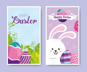 set of happy easter cards with cute decoration vector illustration design
