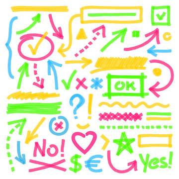 Highlighter marks, strokes, arrows and other symbols. Set of marker hand drawn correction or highlighting design elements. Optimized for easy color changes. Vector eps10 illustration with transparency