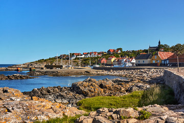 Fototapeta na wymiar Small port in the town of Gudhjem, Bornholm island, Denmark.