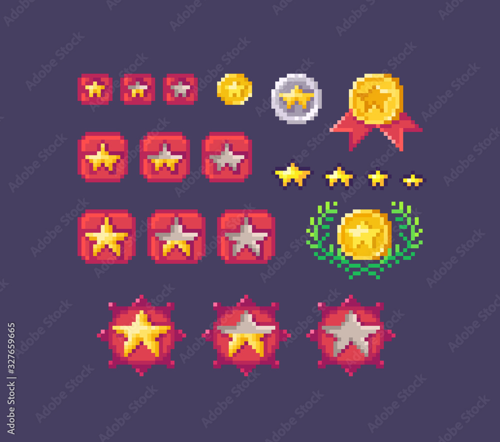 Aufkleber pixel art set of star rating buttons different sizes.
