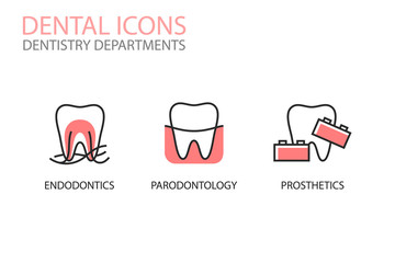 Dental icons. Endodontics, parodontology, prosthetics isolated on white. Dentistry departments illustrations. Tooth logotype. Teeth care.