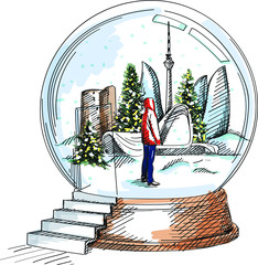 Colorful hand-drawn sketch of snowy globe. Glass ball with Azerbaijan landmarks inside. Flame Towers, Maiden Tower; Heydar Aliyev Centre. 
