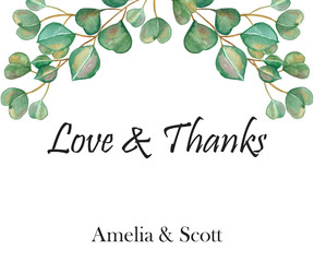 Watercolor hand painted nature frame composition with green eucalyptus leaves on branches on the white background with names, love and thank text for wedding invitations and greeting cards