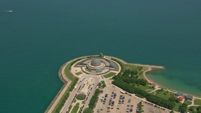 Aerial view of Alder Planetarium on Lake Michigan in Chicago
