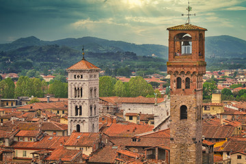 Fototapeta na wymiar Panoramic view of Lucca, Italy including Torre Della Ore