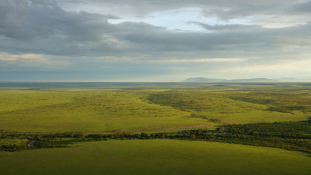 Aerial panoramic view to the African savanna landscape in Kenya, Africa.