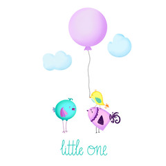 Cute kids illustration on a white background. Three funny birds with a pink balloon. Little one lettering. Children's textiles, clothing and products for babies. 