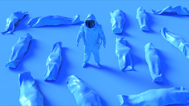 Blue Corona Virus Hazmat NBC Suit with Body Bags Cadaver Pouch Human Remains 3d illustration 3d render	