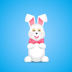 Isolated cartoon white rabbit with a pink bow on a blue background.