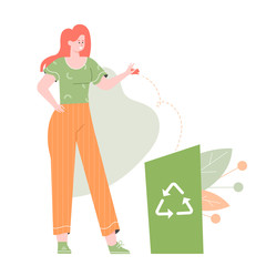 Girl stands next to the trash can. Throws a piece of paper. Ecology and care for nature, maintaining cleanliness, recycling, zero waste. Vector flat illustration with character.