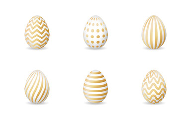 Obraz premium Set of isolated modern easter eggs with geometric golden ornaments on a white background.