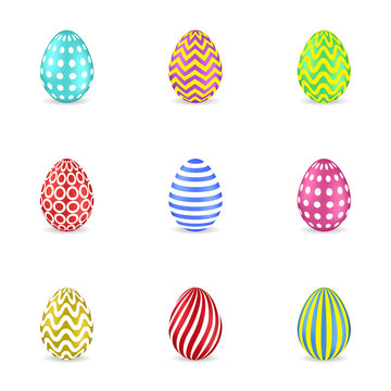 Set of isolated colorful easter eggs with geometric ornaments on a white background.