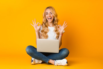 Everything is ok. Happy woman showing okay sign with laptop