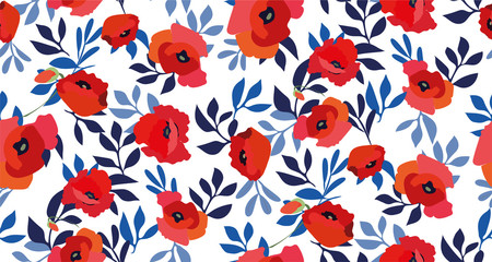 Seamless pattern with red poppy flowers and blue leaves on white background. Elegant vintage design. Ethnic print. Vector.