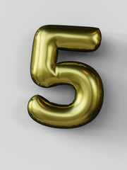 Golden balloon in shape of number 5 isolated. 3d illustration.