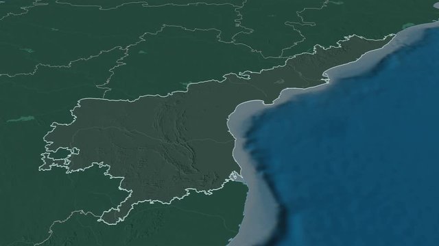 Andhra Pradesh, state with its capital, zoomed and extruded on the administrative map of India in the conformal Stereographic projection. Animation 3D