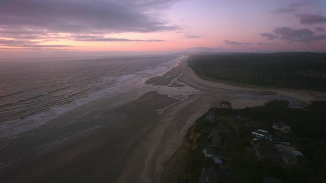 Aerial view of Oregon Coast at Sunset.  Shot from helicopter with cineflex gimal and RED 8K camera.