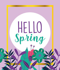 hello spring, flowers floral nature foliage decoration badge