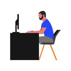 Man sitting at desk and working on computer. Flat design isolated vector illustration. Side view