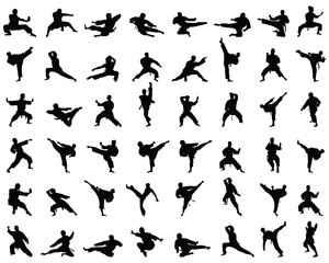 Black karate silhouettes on the white background - obrazy, fototapety, plakaty