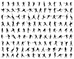 Black silhouettes of tennis players on a white background