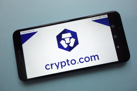 KONSKIE, POLAND - November 18, 2018: Crypto.com (MCO) cryptocurrency logo displayed on smartphone