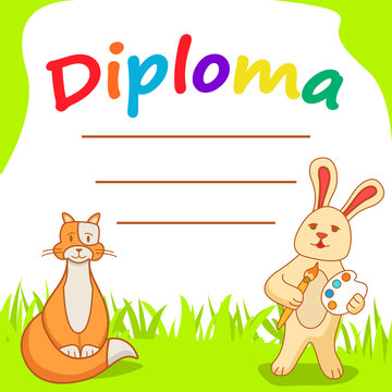 Diploma template for kids.The cartoon a Hare artist with paints and a ginger cat. Flat illustration vector.