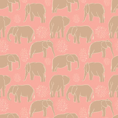 Vector tropical playful beige elephants, seamless repeat pattern on coral background. Use for textile design, fashion prints, papers and print on demand products.