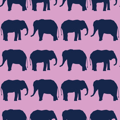 Vector tropical navy blue elephants in a line, seamless repeat pattern on purple background. Use for textile design, fashion prints, papers and print on demand products