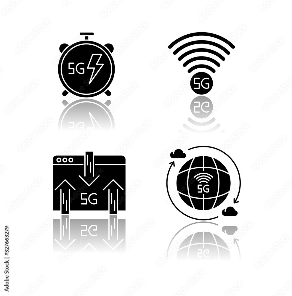 Poster 5g wireless technology drop shadow black glyph icons set. fast speed. low latency connection. signal