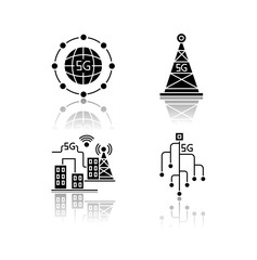 Fototapeta premium 5G wireless technology drop shadow black glyph icons set. Smart city. Microchip. Cell tower. World standard. Fast speed. Mobile cellular network. Isolated vector illustrations on white space