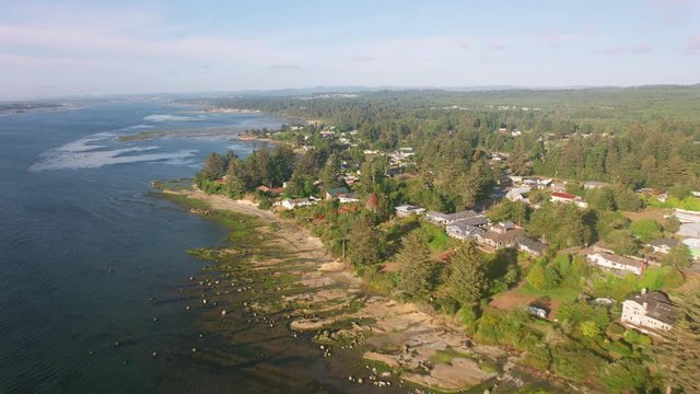 Oregon Coast circa-2019.  Aerial view of Coos Bay.  Shot from helicopter with cineflex gimal and RED 8K camera.