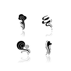 Odor drop shadow black glyph icons set. Good smell. Wind swirl, nice perfume scent. Aromatic fragrance flow with heart shape. Smoke puff, steam curls. Isolated vector illustrations on white space