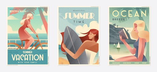 Retro Design Summer Holiday and Summer Camp poster. Girl relaxing on the beach. Vector
