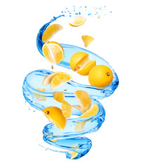 Oranges with splashes of water in a swirling shape on a white background