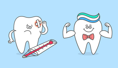 Cartoon teeth. Healthy strong tooth and sick, aching tooth with toothache and thermometer. Dental concept, before and after dentistry procedure or treatment. Vector illustration for kids, children.