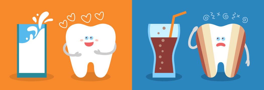 Healthy cartoon tooth with a glass of milk and decayed tooth with a soda. Dental care and hygiene infographics. Good and bad food for your teeth.