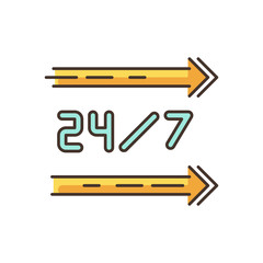 24 7 hour service RGB color icon. Straight lines on sign. All day open store direction. Arrows point left. Twenty four seven available store. Everyday open shop. Isolated vector illustration