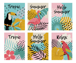 set of tropical birds and flowers vector