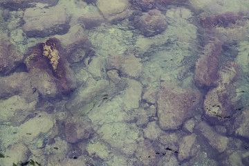 Rocks and stones under the clear blue green water of the Atlantic Ocean, seen from above with the shapes distorted by the waves - Underwater background wallpaper