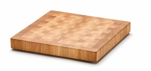 Butcher wood block cutting board isolated on white background. Full depth of field.