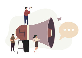 Vector illustration for public relations concept. Pr marketing team working with huge megaphone. Mass media to advertise your business and online alerting.