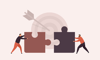 Vector illustration teamwork success. Two businessmen connecting puzzle elements. Business metaphor. Target achievement.