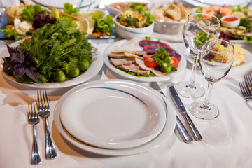 Salads and gums . Set of a dish with spoon, fork and knife on white table.Table setting on white table .