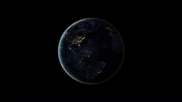Planet Earth at night (Black Marble), full rotation on a black background. Seamlessly loopable 3D animation. Elements of this video are furnished by NASA.