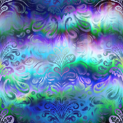 Fototapeta na wymiar Surreal ombre blend of purple green and blue with digital vintage damask pattern overlay. Soft flowing surreal fantasy graphic design. Seamless repeat raster jpg pattern swatch.