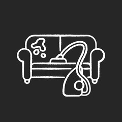 Furniture dry cleaning chalk white icon on black background. Sofa professional washing service. Home furnishing delicate cleaning, stain removing equipment. Isolated vector chalkboard illustration