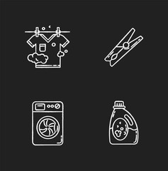 Clothes cleaning items chalk white icons set on black background. Clothing washing, outdoor drying. Washing machine, laundry detergent, pin and clothesline. Isolated vector chalkboard illustrations